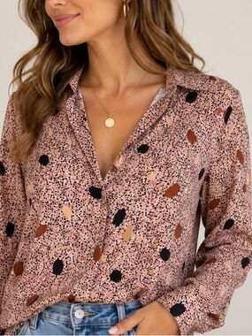 Zara Peach-Pink Printed Long Sleeve Blouse size L